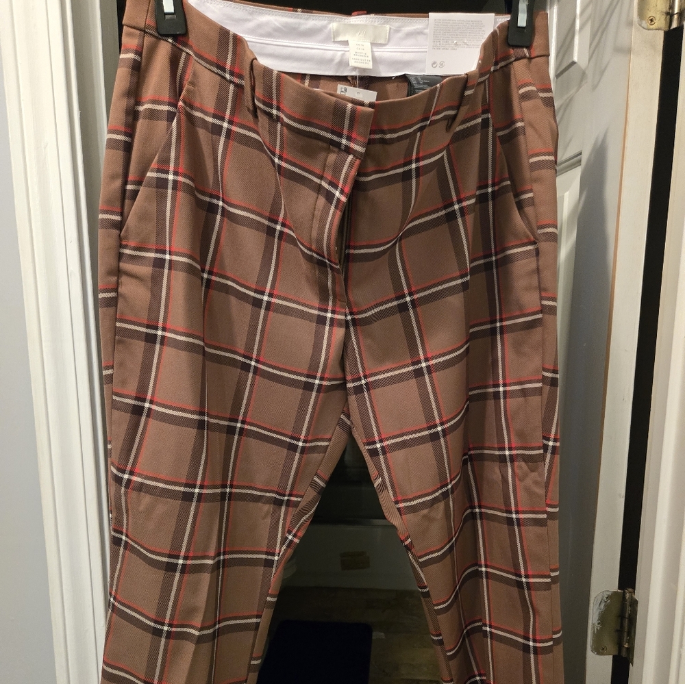 H&M Red Plaid Stretch Chino Trousers-NWT